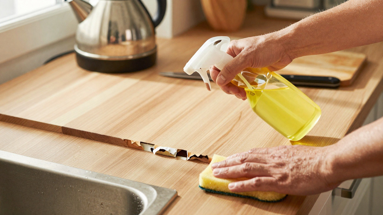 Pessoa limpando bancada de cozinha danificada com esponja e spray amarelo perto da pia.