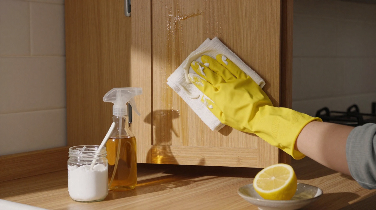 Pessoa com luva amarela limpando armário de madeira na cozinha com pano branco e produtos naturais.