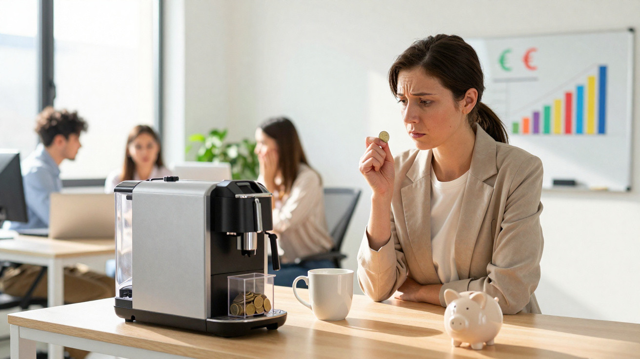 Mulher preocupada segurando moeda perto de cofrinho e máquina de café em escritório moderno.