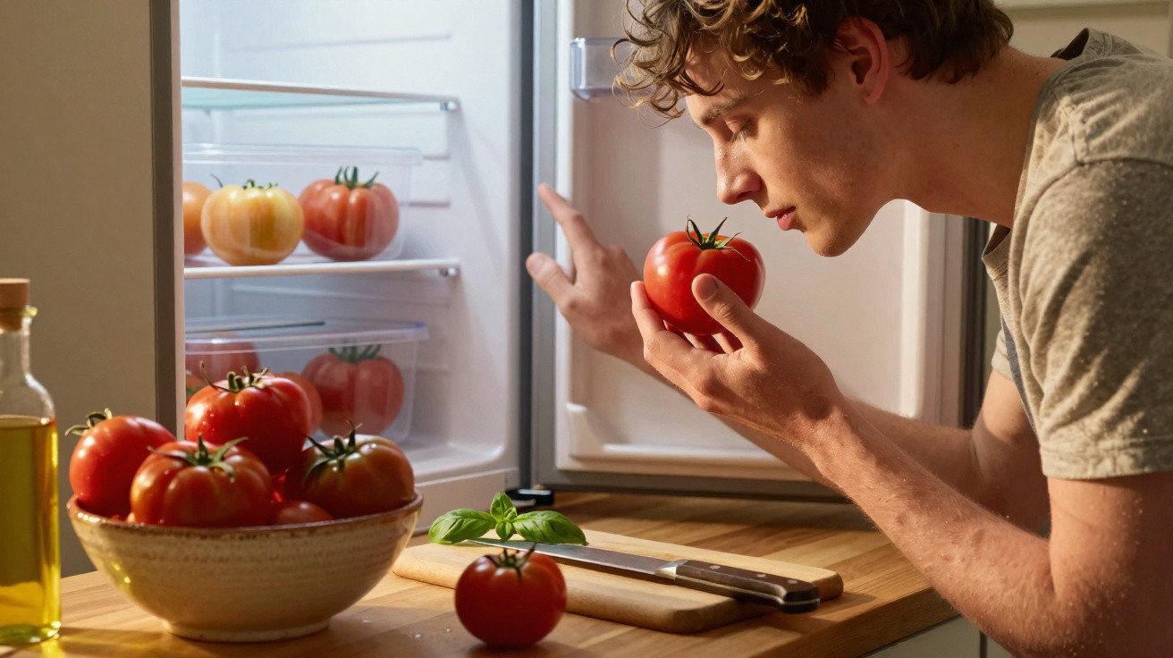 Homem cheira tomate vermelho enquanto abre geladeira em cozinha iluminada.