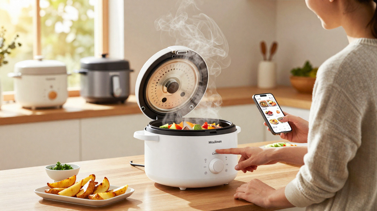 Pessoa utilizando panela elétrica branca com legumes cozinhando e vapor saindo, segurando celular com receitas.