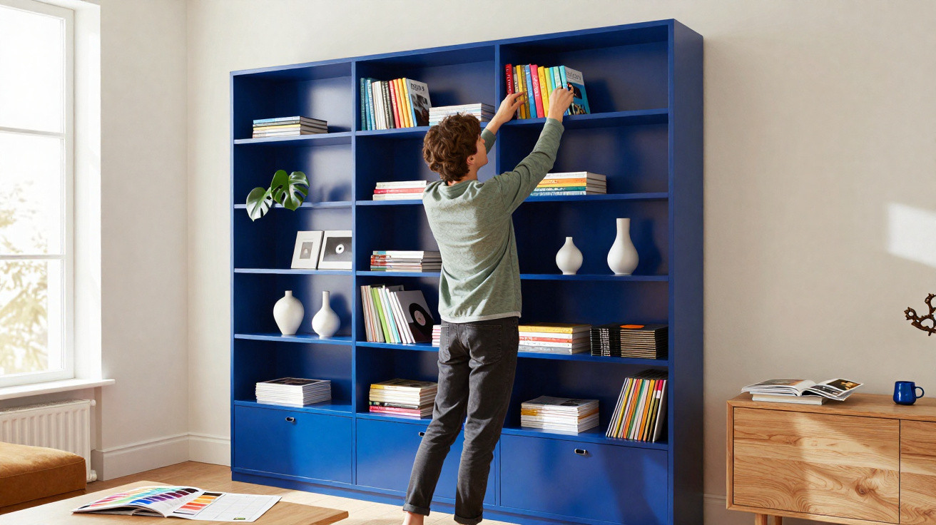 Pessoa organizando livros em estante azul em sala com móveis de madeira clara e janela ampla.