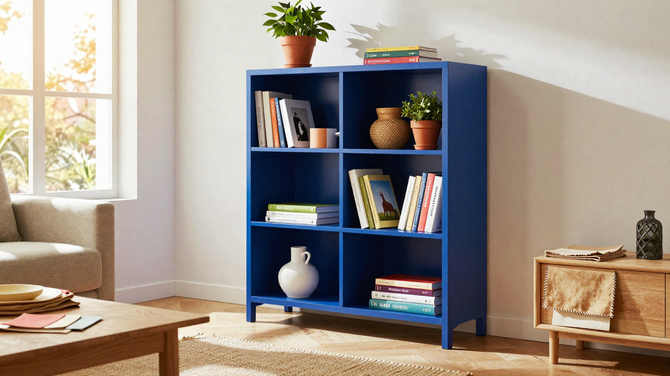 Estante azul com vasos, livros e objetos decorativos em sala iluminada com sofá e móveis de madeira.