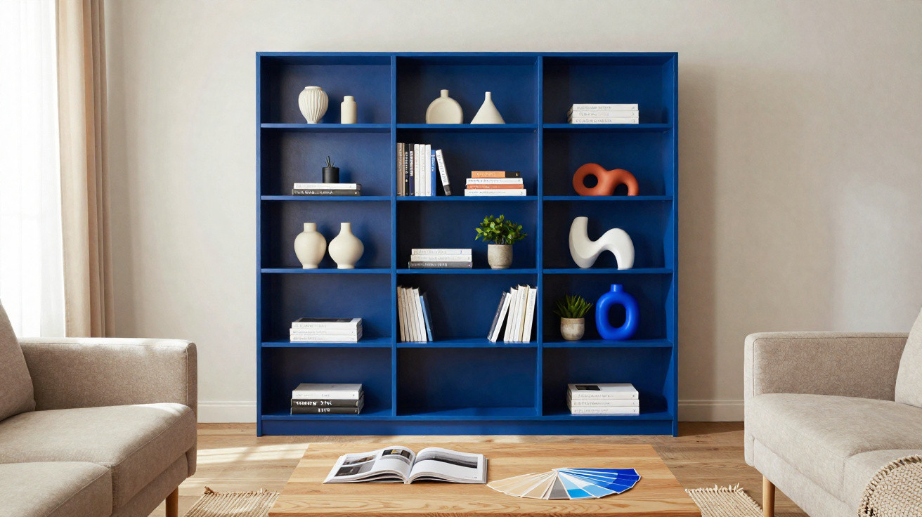 Estante azul com objetos decorativos, livros e plantas entre dois sofás em sala luminosa.