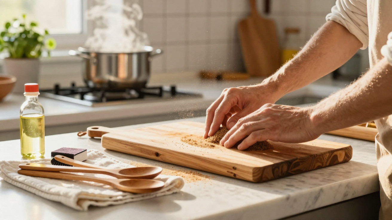Mãos moendo tempero sobre tábua de madeira em cozinha com panela no fogão e utensílios à esquerda.