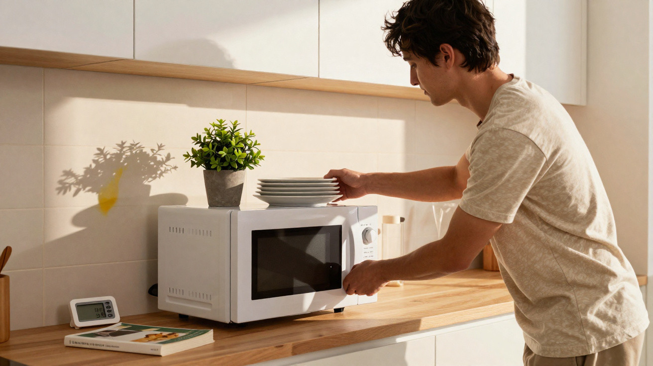 Homem ajusta o micro-ondas na cozinha com pratos empilhados em cima e planta decorativa ao lado.