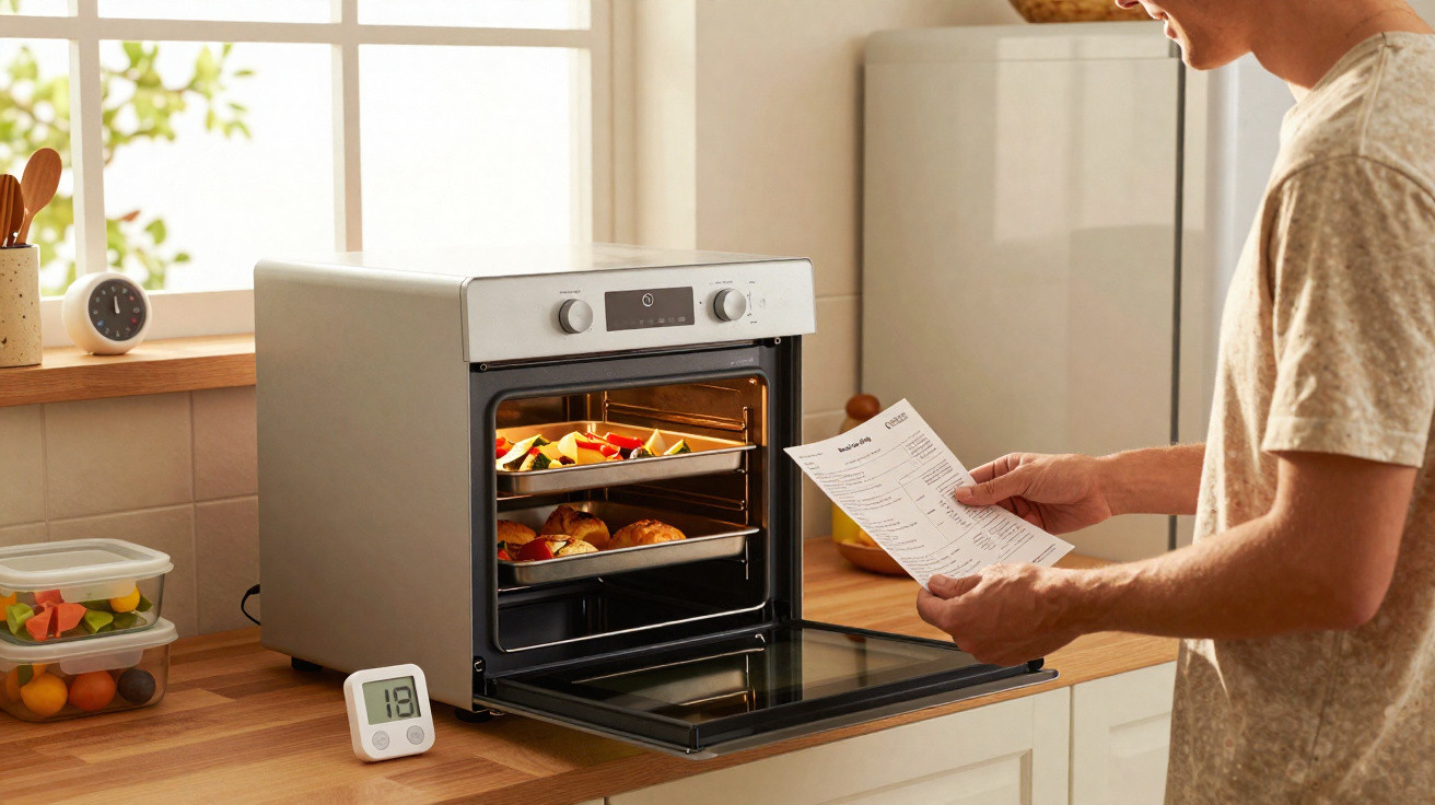 Pessoa lendo receita enquanto assa legumes e pães em forno elétrico branco na cozinha iluminada.