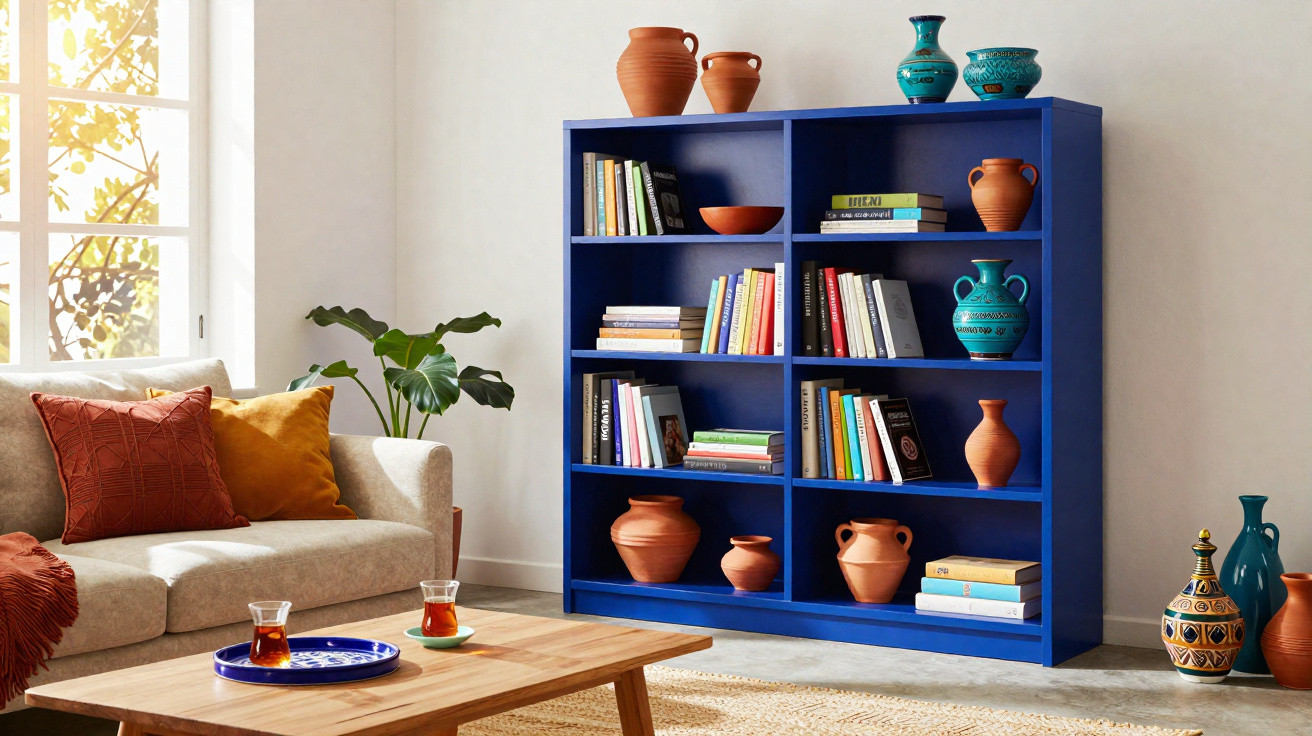 Estante azul com livros e vasos de cerâmica em sala clara com sofá bege e planta.