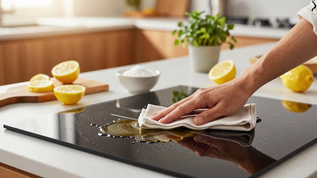 Mão limpando fogão preto com pano branco, limão cortado e plantas ao fundo em cozinha iluminada.
