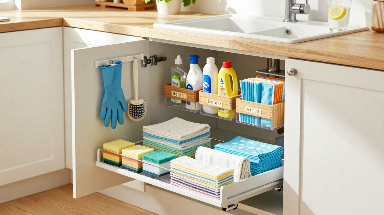 Armário de cozinha organizado com produtos de limpeza, esponjas, panos e luva azul pendurada.