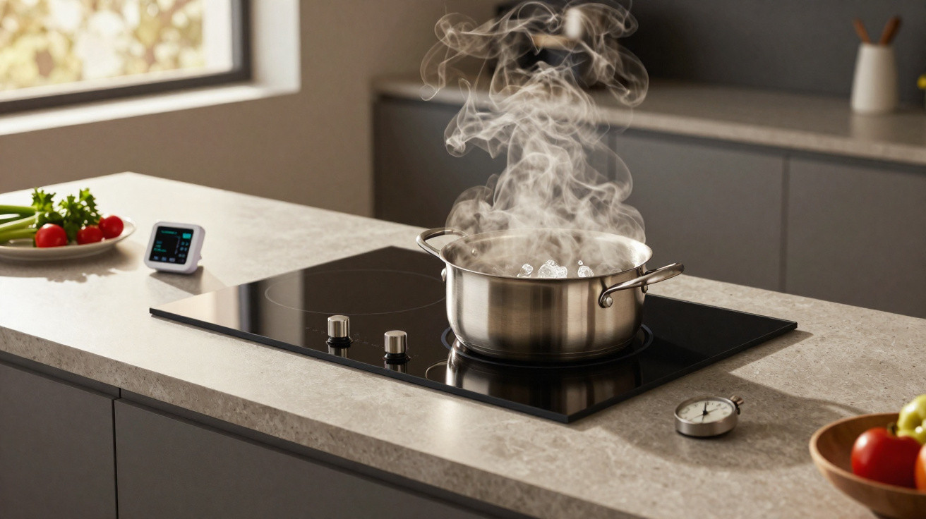 Panela de inox fervendo com vapor sobre fogão embutido em bancada de cozinha moderna.