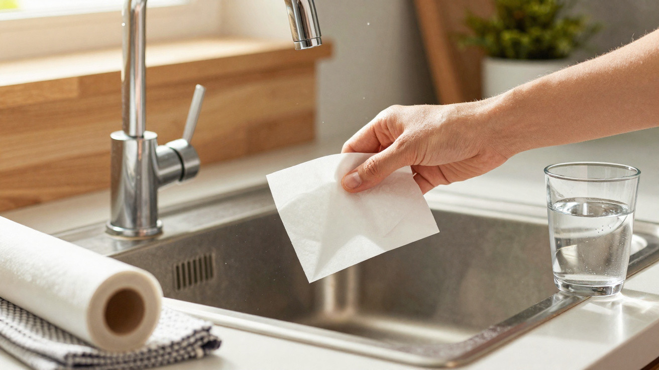 Pessoa segurando um lenço úmido sobre a pia da cozinha ao lado de copo com água e papel toalha.