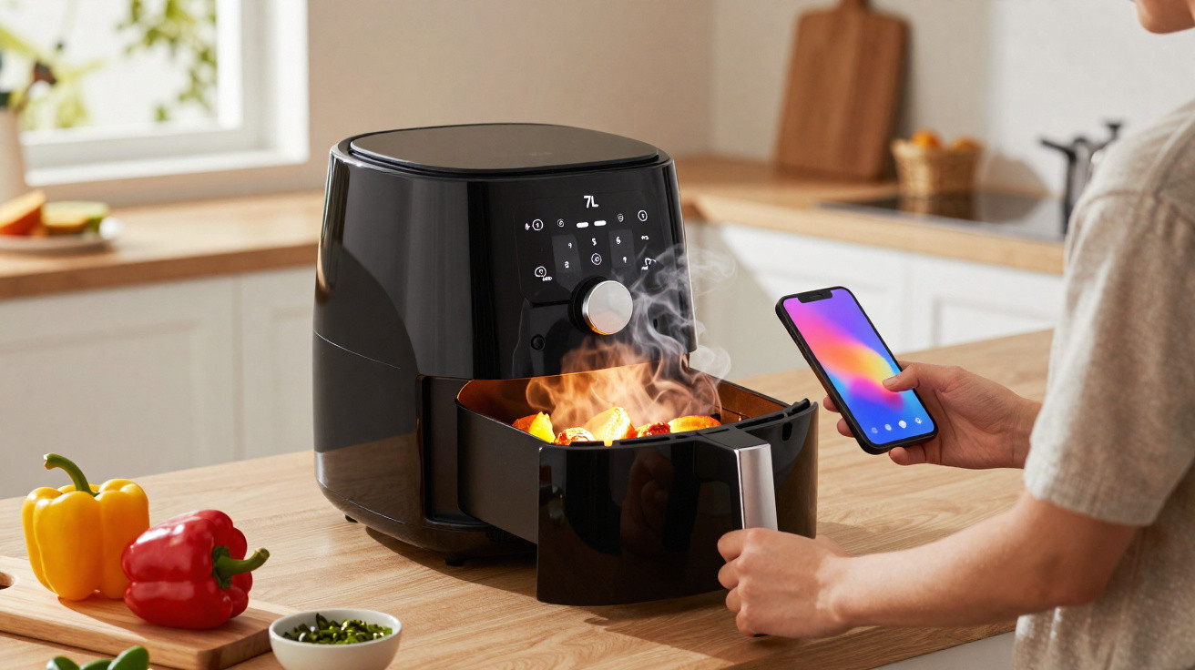 Pessoa usando fritadeira elétrica preta com alimentos e celular na cozinha moderna.