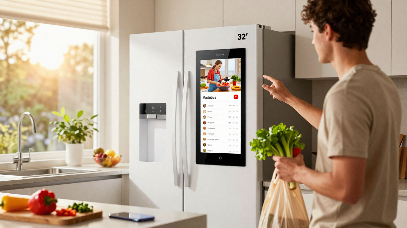 Homem interage com geladeira inteligente com tela touchscreen exibindo vídeo e lista na cozinha moderna.