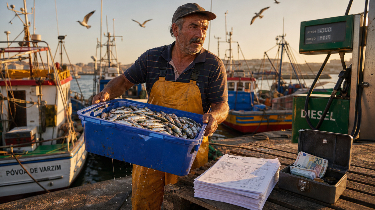 Pescador com macacão amarelo segurando caixa azul cheia de peixes no cais ao entardecer, barcos ao fundo.
