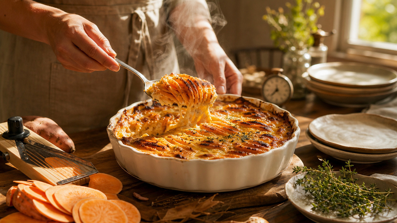 Pessoa servindo torta quente de batata-doce com queijo gratinado em refratário branco em mesa rústica.